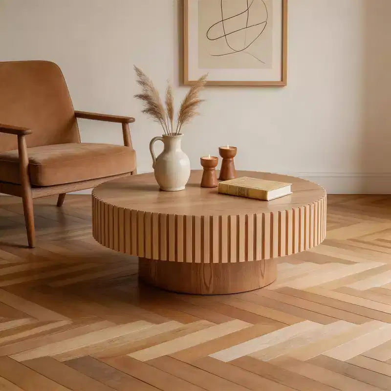 JVNOXK 35.43'' Round Wood Coffee Table for Living Room, Modern Handcraft Drum Coffee Table, Circle Wooden Coffee Table for Small Space Apartment ASH