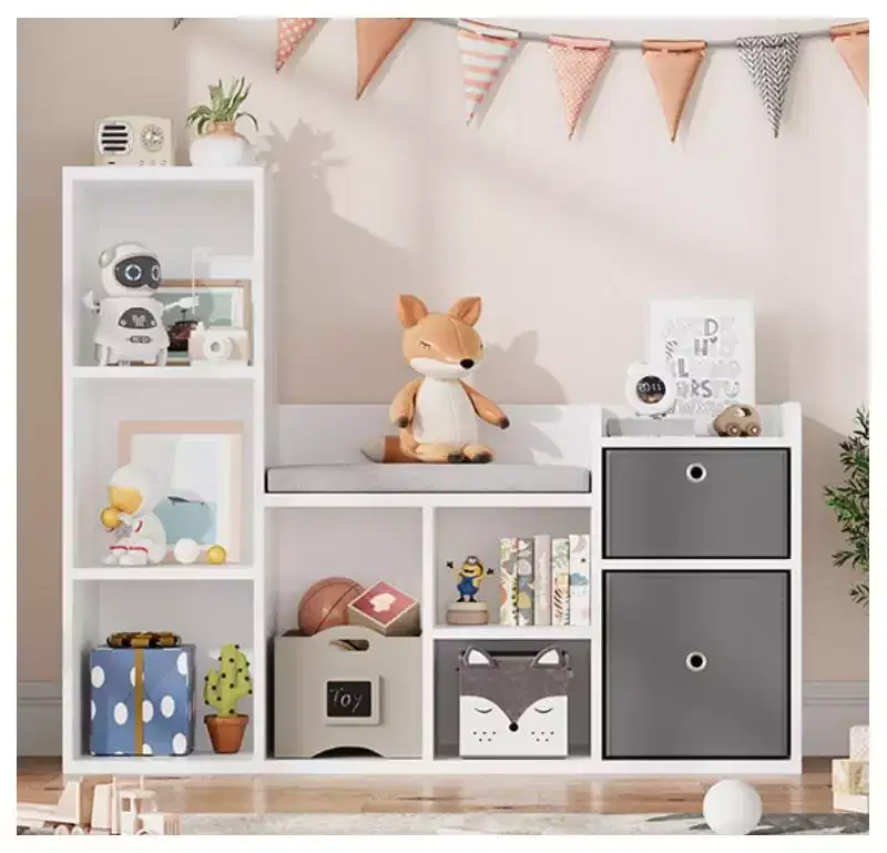 Kids Bookshelf Width Toy Storage Organizer with Reading Nook for Kids Room, Playroom, Nursery White Bookcase Seat Cushion