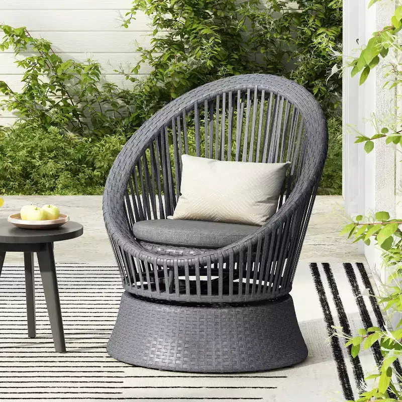 26.7-inch Wide Gray Swivel Wicker Lounge Chair with Iron Frame, Plush Cushion, PE Rattan for Patio or Balcony