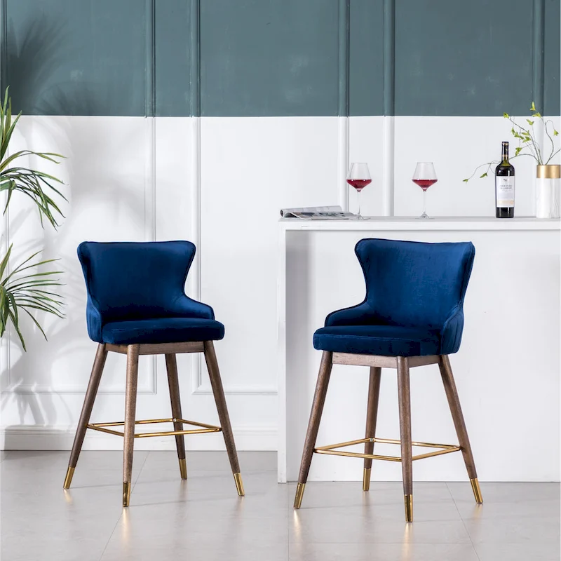 Modern Set of 2 Fabric Bar Stools with Foam-Padded Backrest Seat, Solid Wood Legs, for Kitchen Island Dining Room Living Room