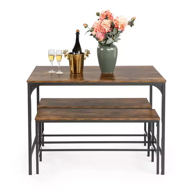 FurnitureR 3-Piece Dining Table Set with 2 Benches, Space-Saving Kitchen & Dining Room Set for Home or Restaurant, Metal Frame and MDF Top, Brown