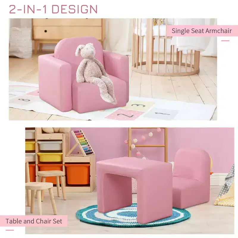 Whisen 2-in-1 Multifunctional Kids Sofa Convertible Table and Chair Set, Gift for 3 years old Boys Girls - Pink