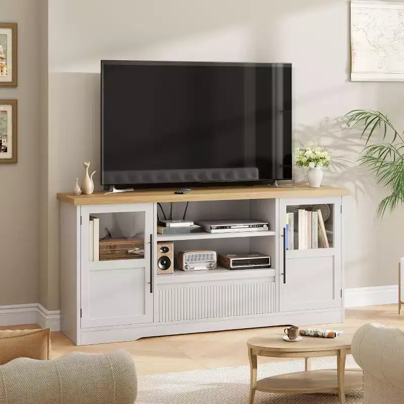 63 TV Stand for TVs up to 72 - Farmhouse Wave Design Entertainment Center with 2 Glass Door Cabinets & Open Shelves, Media Console for Living Room