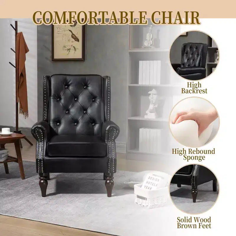 Wood Frame Armchair, Sturdy Wood Legs, Living Room Bedroom, Black PU