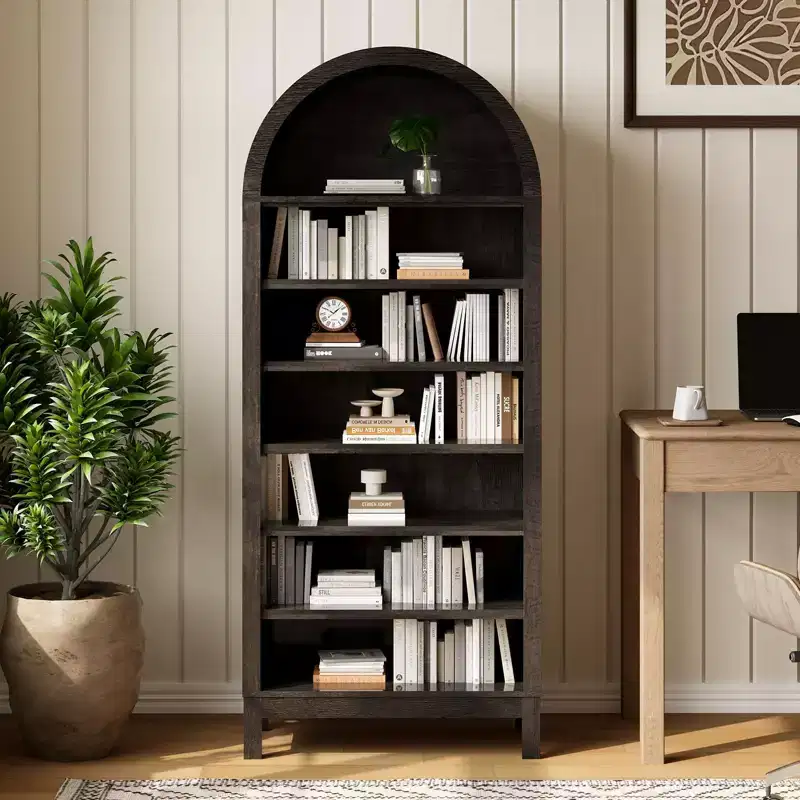 Fulvari 71 Arched Kitchen Pantry Cabinet, 7 Tier Freestanding Bookcase with Adjustable Shelves, Wooden Open Storage Book Shelf