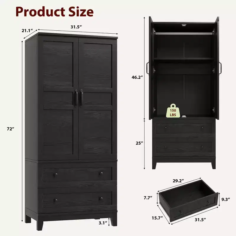 GustoWave 72 Wooden Wardrobe Armoire, 2-Drawer Closet with Hanging Rod & Adjustable Shelf, Heavy Duty Bedroom Storage Cabinet