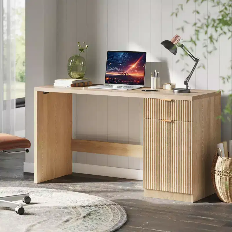 60 Fluted Executive Desk with Storage Cabinet - Modern Wood Office Desk with Drawers for Home Office Study Room - Natural Oak
