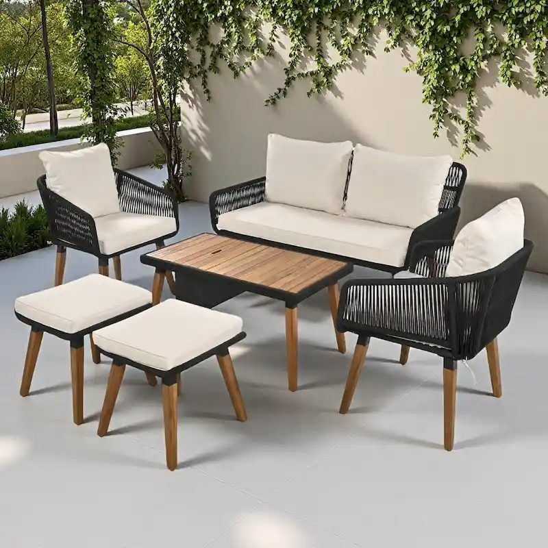 6-Piece Outdoor Patio Rope Conversation Sofa Set with Acacia Wood Cool Bar Table and 2 Stools