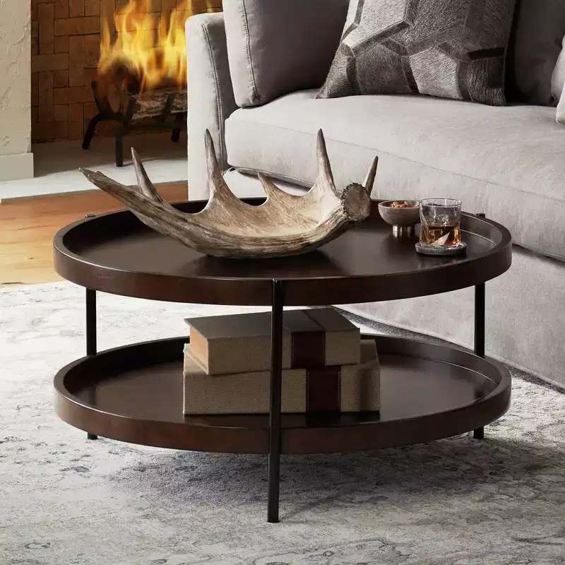 Modern Industrial Minimalist Wood Round Coffee Table 36 Wide with Lower Shelf Dark Brown for Living Room Bedroom Bedside
