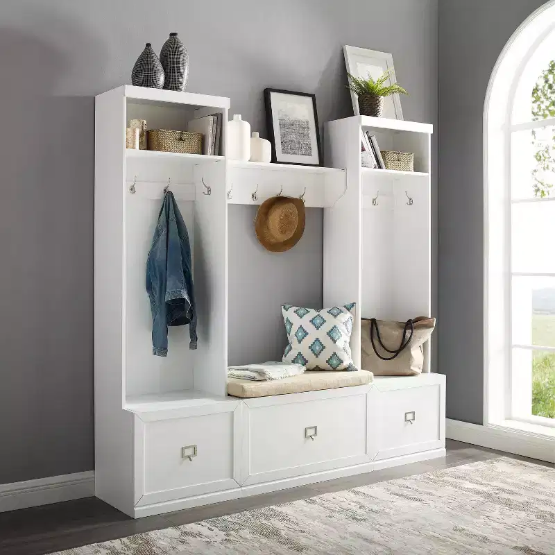 4pc Harper Entryway Set with Bench, Shelf and 2 Hall Trees Set White - Crosley