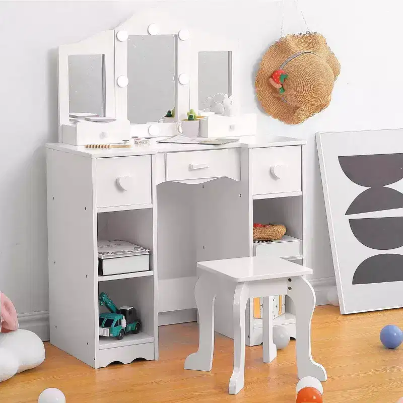 Acekool Princess Vanity Set - Tri-Fold Mirror & Stool for Pretend Play