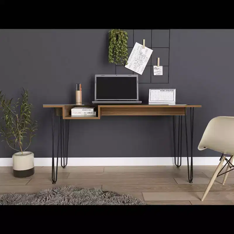 Manila Computer Desk Brown - Boahaus: Ergonomic 55" Wide, Glass Top, Metal Legs, Shelf