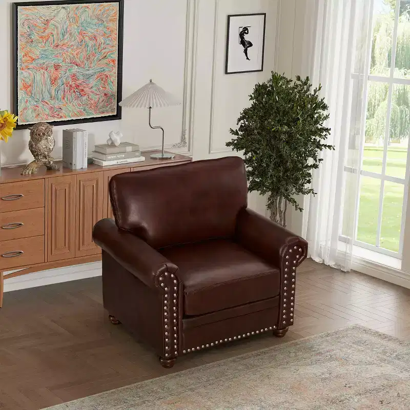 MAYEERTY Comfortable High-Elastic Sponge Chair Sofa with PU Leather Silver Nail Solid $ Metal Frame for Living Room Burgundy