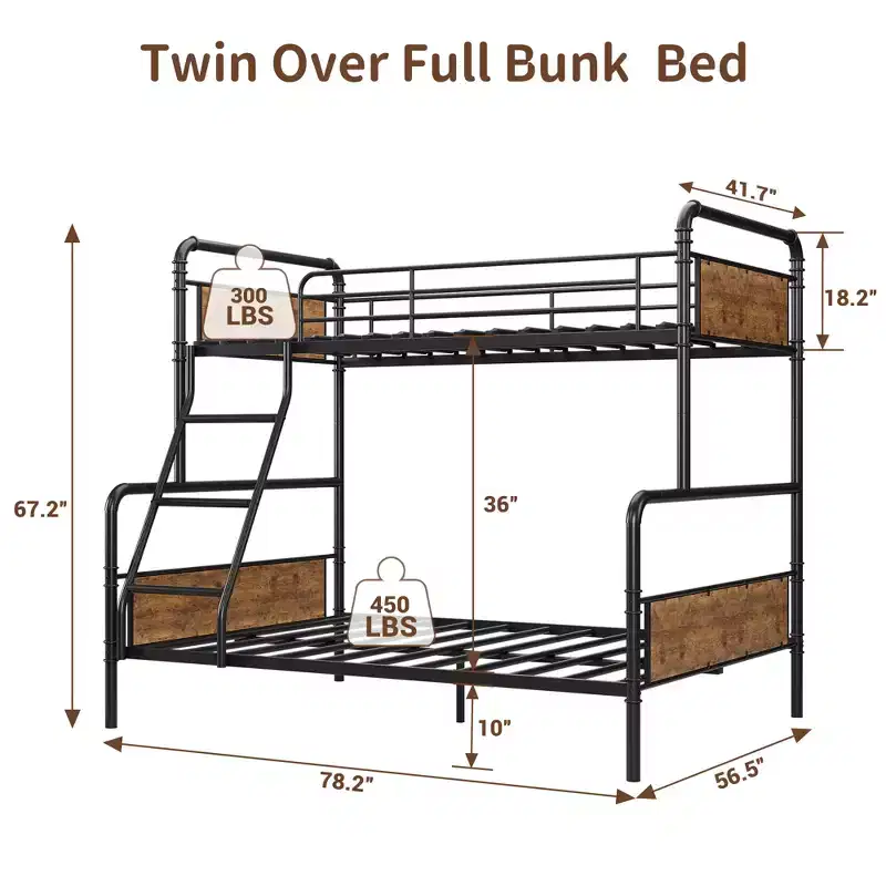 Metal Bunk Beds, Twin Over Full Size, Heavy Duty, with Angled Ladder and Safety Guardrails, Space Saving, for Dorm, Bedroom, Apartment