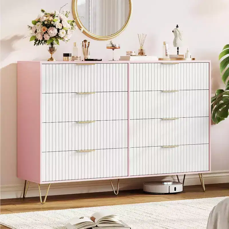 8-Drawer Fluted Wooden Dresser with Metal Handles