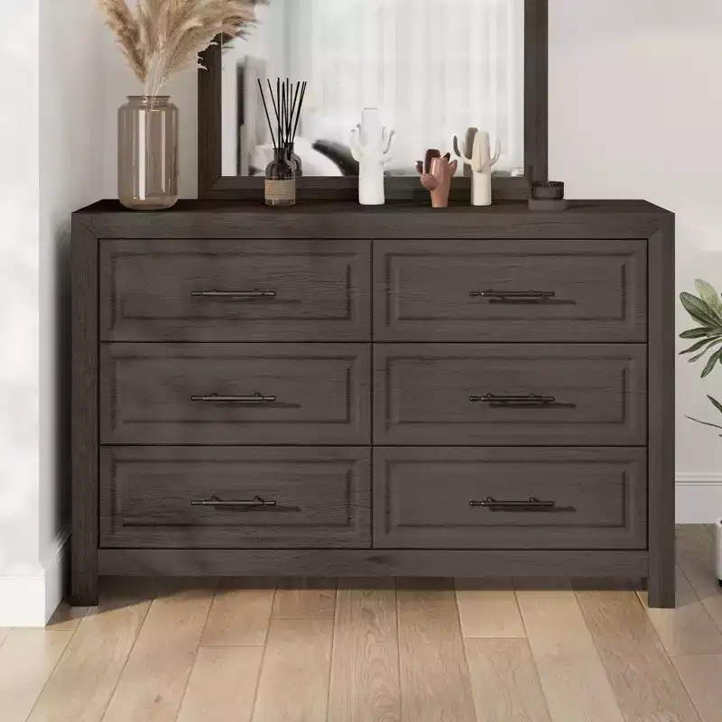 6 Drawers Dresser, 37.99 Tall Wood Dresser Chest of Drawer, Rustic Storage Dresser Organizer with and Vintage Handle for Bedroom Closet Hallway