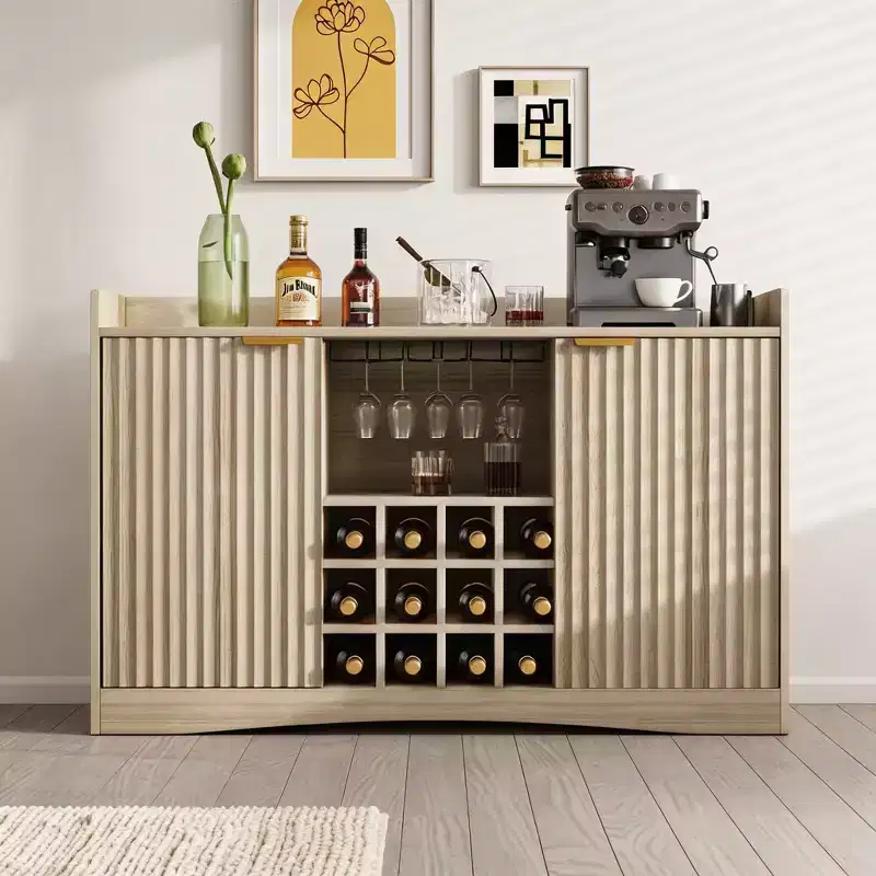 47 Wine Bar Cabinet with 9 Glass Holders, Fluted Liquor Coffee Bar Cabinet with Storage for Dining Room, Sideboard Buffet Cabinet for Living Room