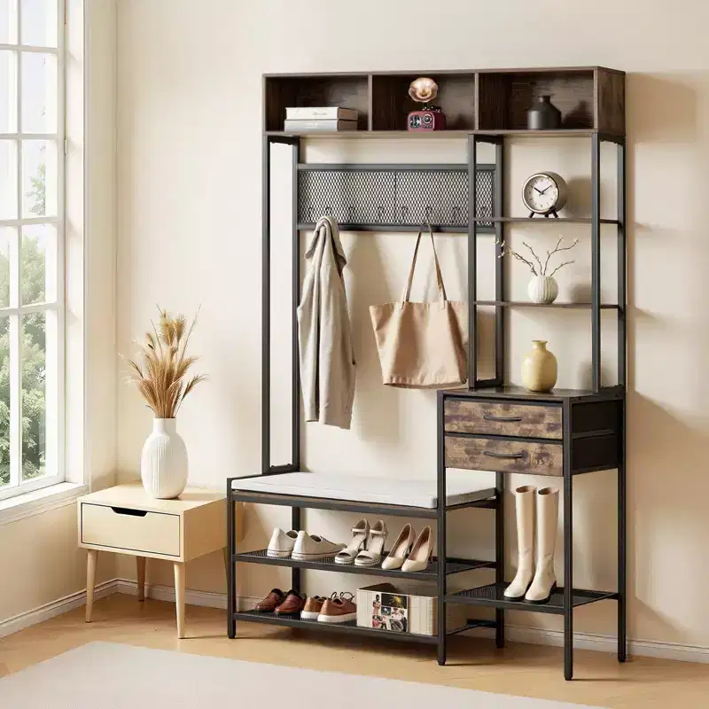 Hall Tree, 70.9 in Coat Rack with Shoe Bench & 2 Drawers, 3-in-1 Freestanding Shoe Rack Storage Organizer with Bookshelf & Wire Shelf