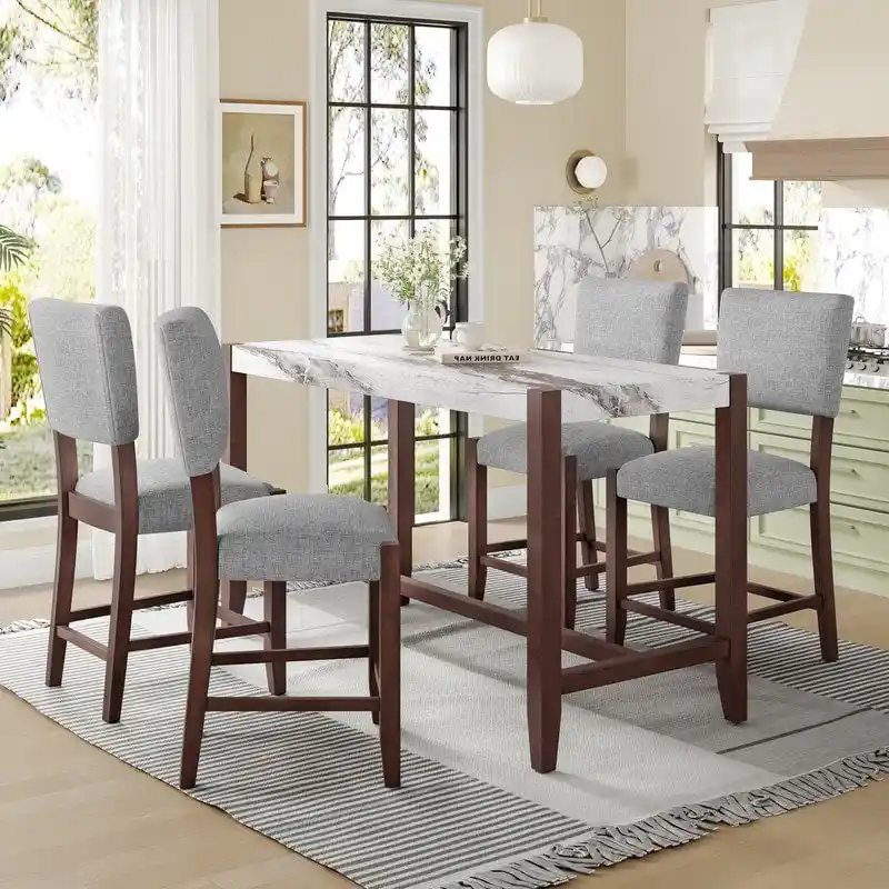 Modern Counter Height Dining Table, Faux Marble Bar Table and 4 Upholstered-Seat Chairs