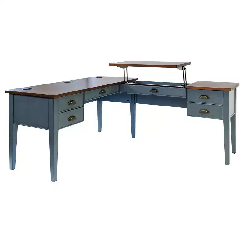 L-Shaped Pedestal Writing Desk - Blue, USB & Charging Station