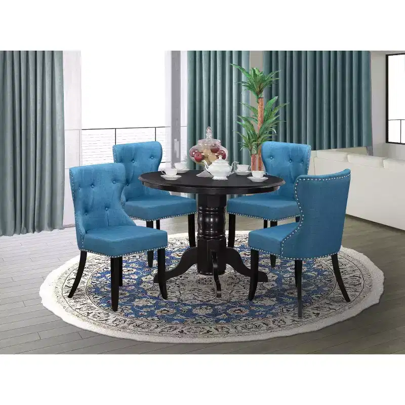HomeStock 5-Piece Round Black Finish Solid Wood Top Dining table with 4 Chairs
