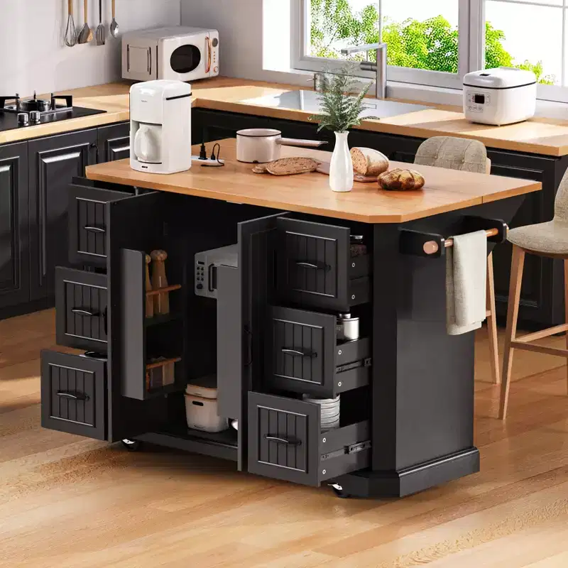 Kitchen Island with Drop Leaf and Wheels, Kitchen Storage Cart with Drawers and Storage Rack, Rolling Kitchen Island with Power Outlet