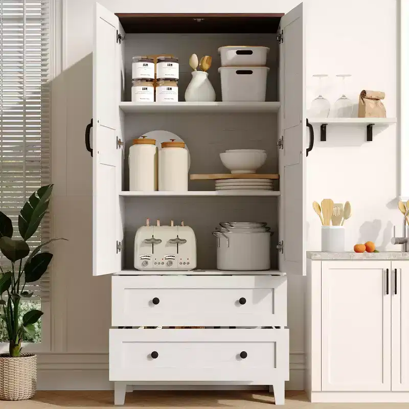 Floor Storage Cabinet with 2 Doors & 2 Drawers – Adjustable Shelves, Farmhouse Wood Pantry