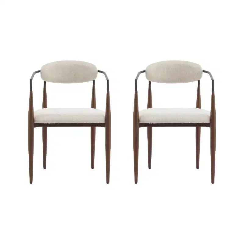 Set of 2 Eva Modern Upholstered Iron Dining Chairs with Curved Open Back Beige/Dark Brown