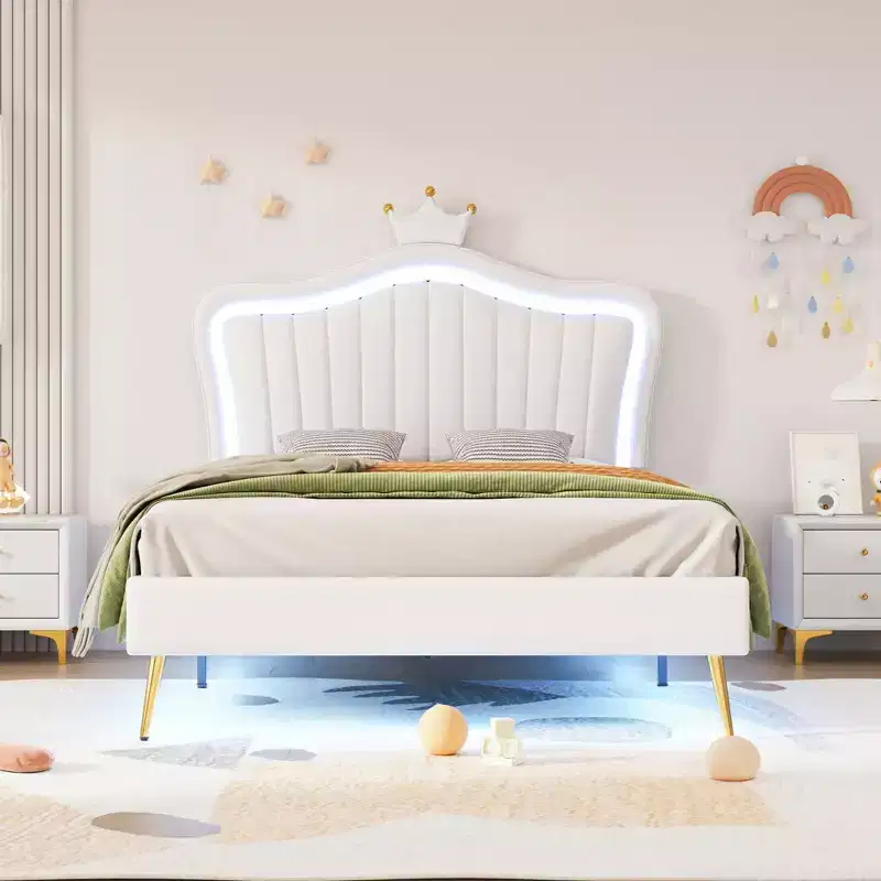Full/Twin LED Bed Frame with Crown Headboard, Upholstered PU Platform Princess Beds with Light for Kids Girls
