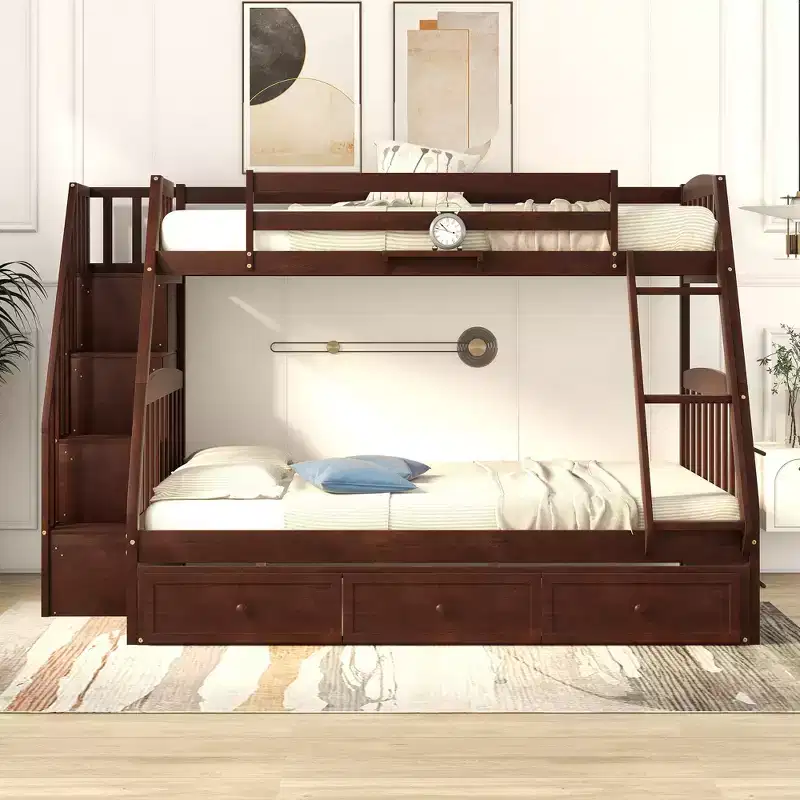 Twin over Full Bunk Bed with Drawers and Storage Staircase