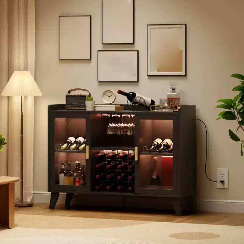 Modern Wine Bar Cabinet, Coffee Bar Cabinet with Wine Rack and Glass Holder, Kitchen Buffet Sideboard with Storage Rack for Living Room Dining Room
