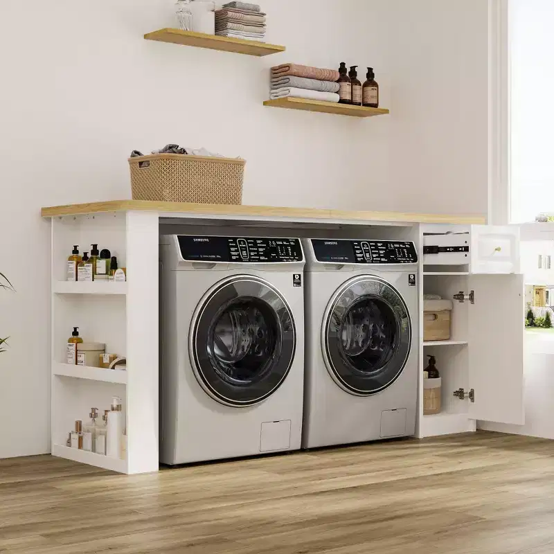 82.6'' Laundry Countertop Storage with Adjustable Shelf & Drawer, Washer Dryer Countertop for Laundry Room