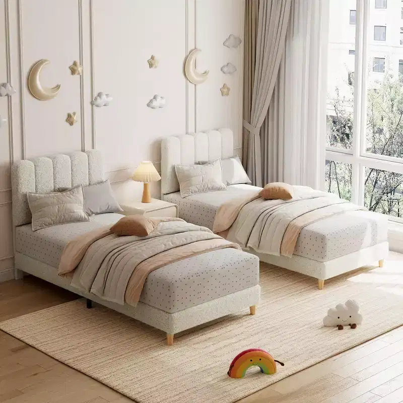 XL Bed Frame, Boucle Upholstered Platform Bed with Wave Headboard for Girls/Kids, Easy Assembly, Wooden Slats Support, No Box Spring Needed