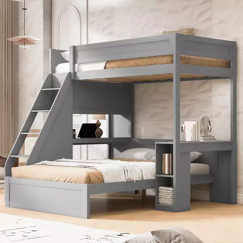 Whisen Twin XL Over Full Bed & Bed Frame with Desk and USB