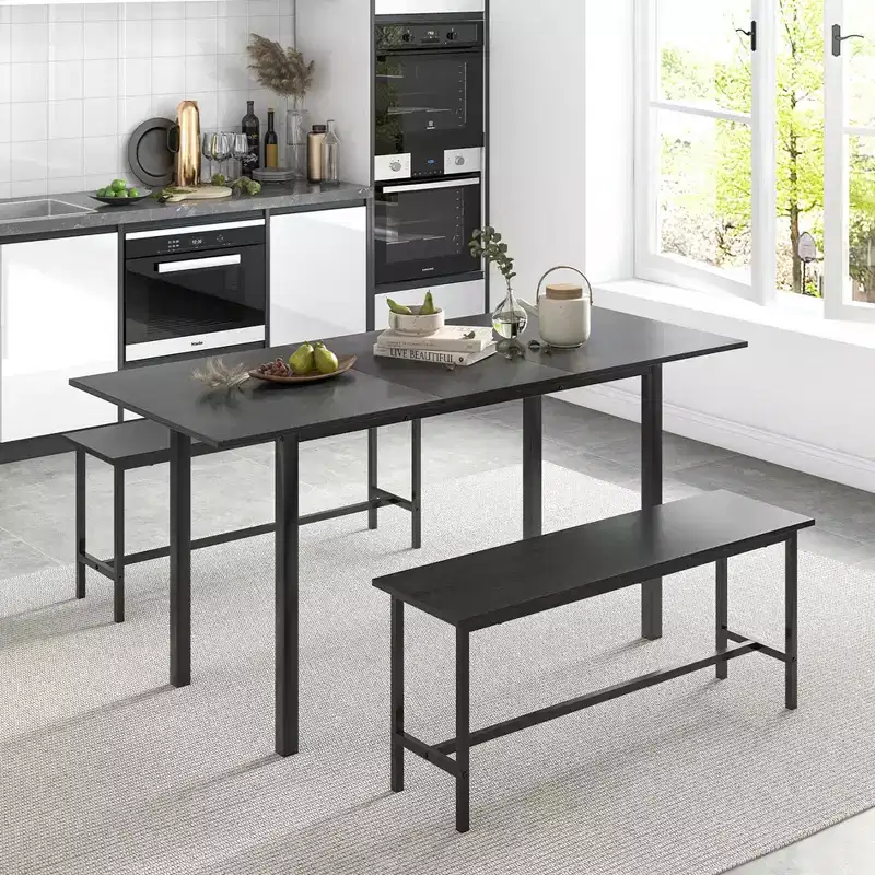 Costway 3 Piece Dining Table Set for 4-6 63Kitchen Table with 2 Benches Metal Frame Black/Walnut
