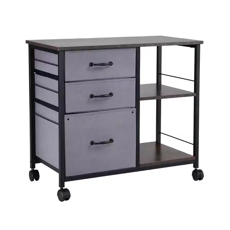VEVOR Metal File Cabinet, Mobile Filing Cabinet with 3 Fabric Drawers and 2 Open Shelves, Wooden Vertical Filing Storage Cabinets with Wheels, Brown