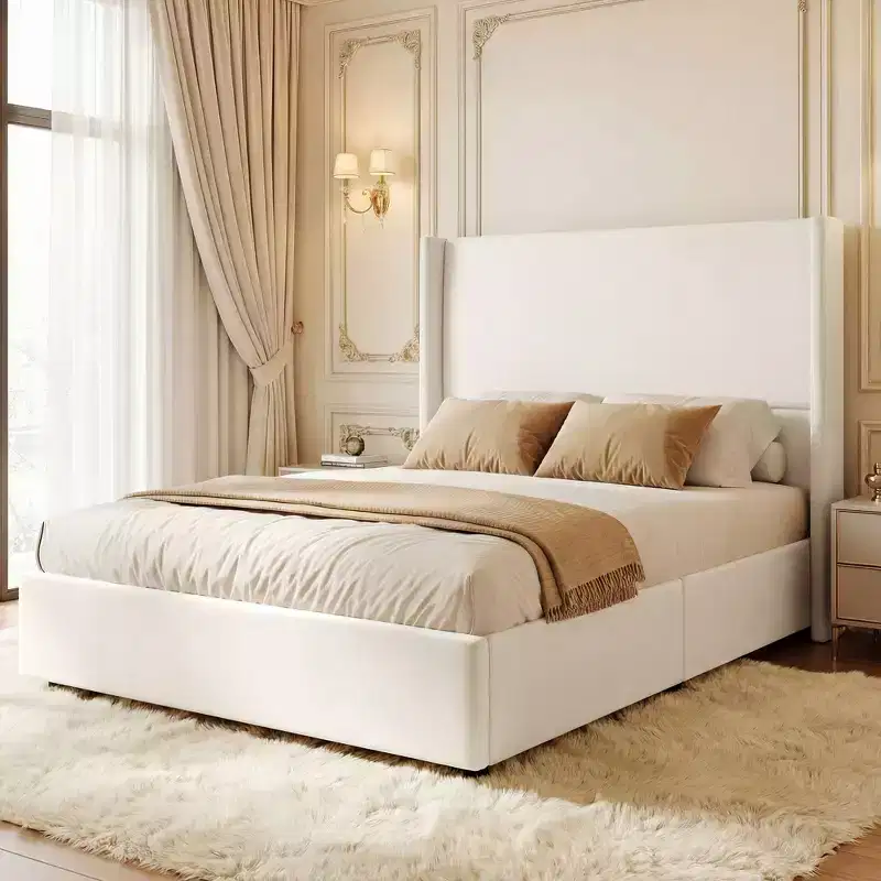 Dyonery Queen Upholstered Platform Bed Frame with 51.2 Tall Wingback HeadboardCSolid Wood Legs, No Box Spring Needed, Linen Modern Style
