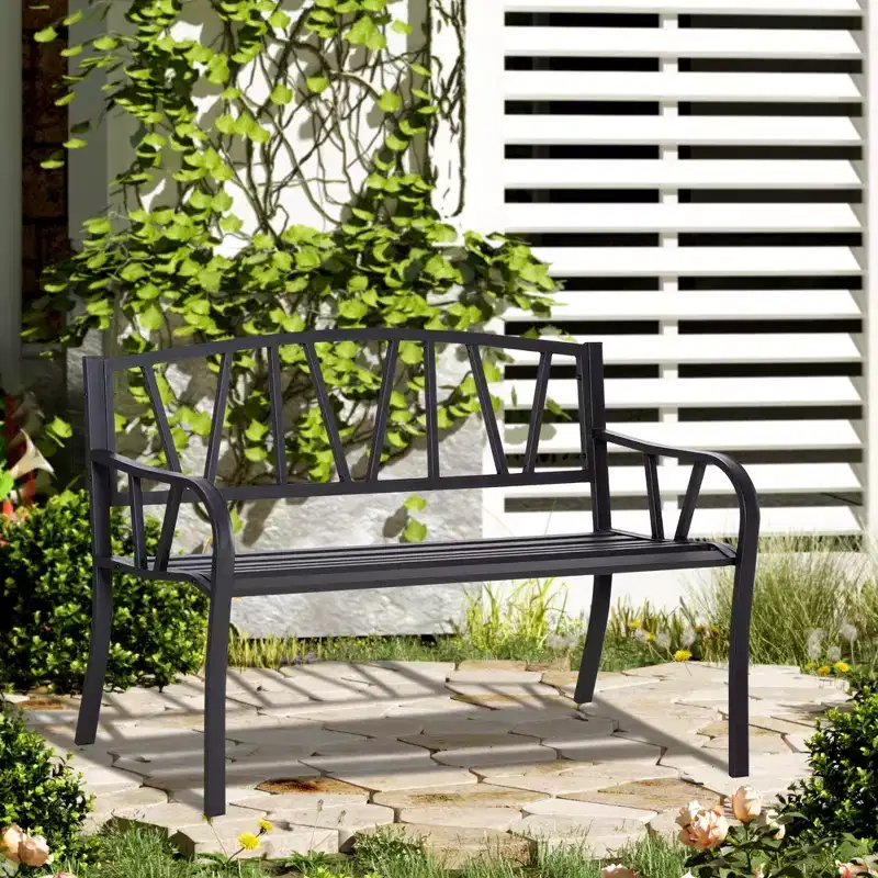 50 Outdoor Bench, Metal Garden Bench with V-Shaped Pattern Backrest, Porch Bench with Slatted Seat for Park, Lawn