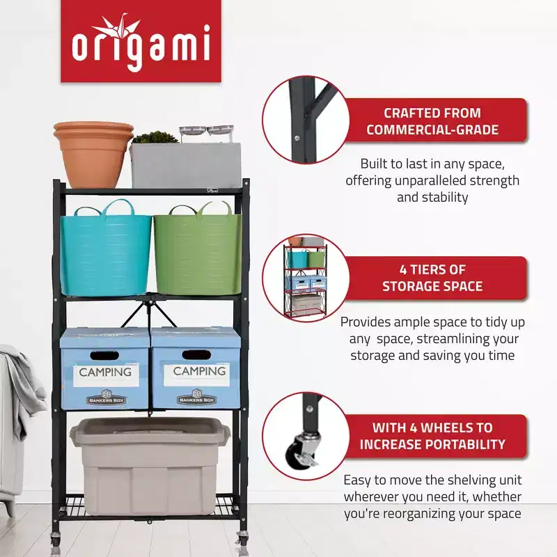 Origami 4 Tier Heavy Duty Storage Rack w/ Set of 4 Magnetic Wire Shelf Liners