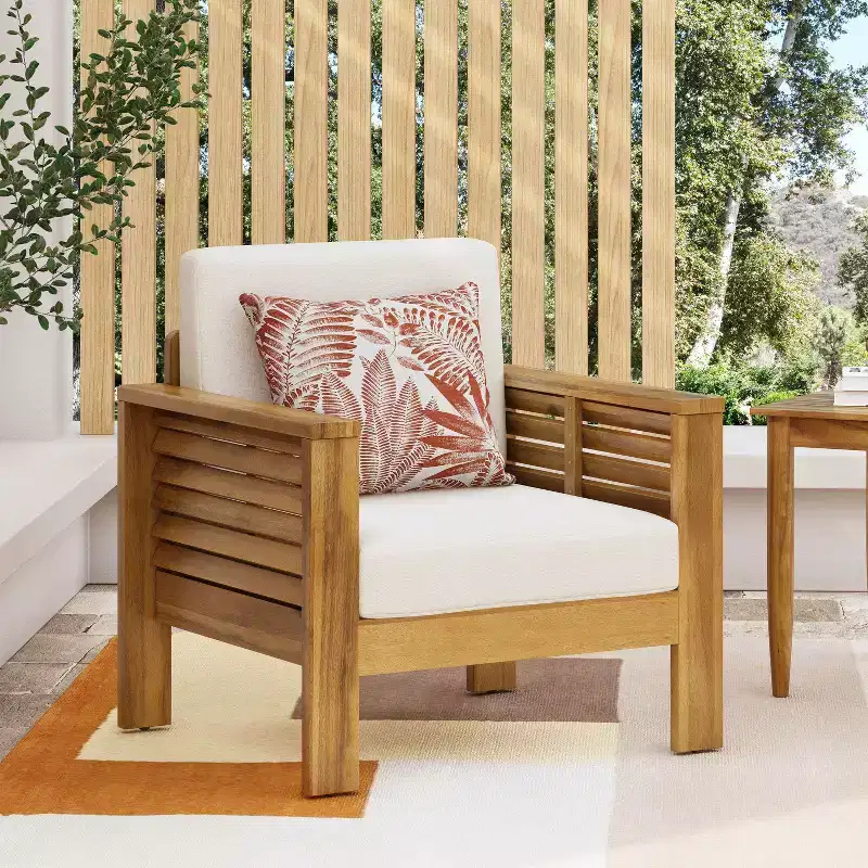 Okak Outdoor Acacia Wood Club Chairs with Cushions, Farmhouse Porch Chairs with Fixed Armrest, Patio Chair for Backyard, Garden