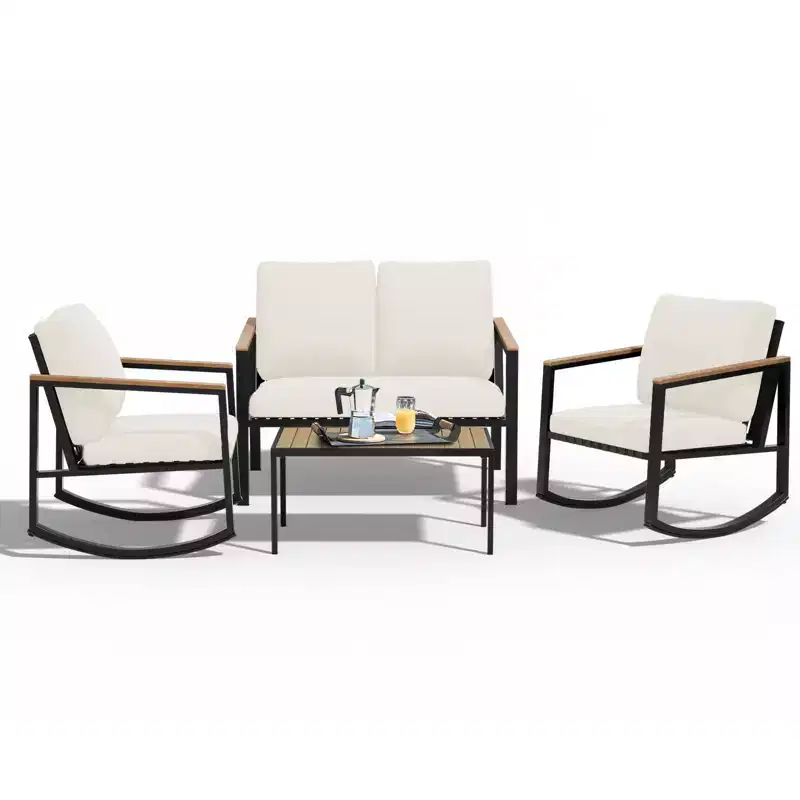 4-Piece Metal Outdoor Patio Conversation Set with Cushions, 2-Rocking Chairs and Coffee Table