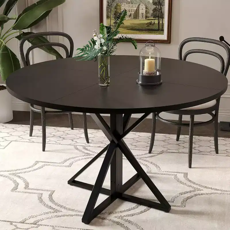 47in Round Dining Table for 4, Wooden Kitchen Tables with Metal Pedestal & 4 Parts of Tabletop, Save Space, Circle Dinner Table for Home