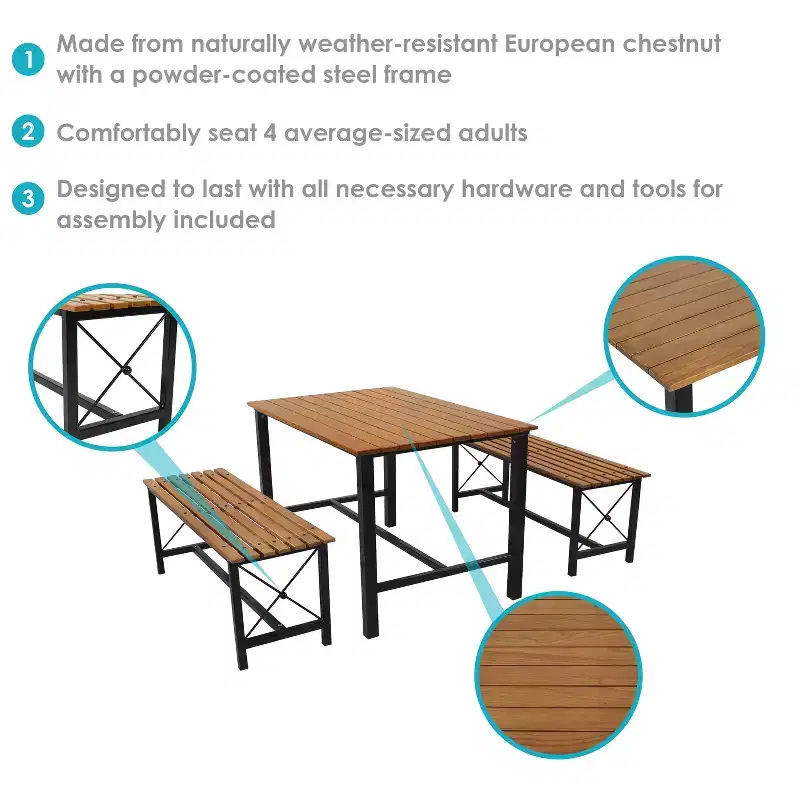Sunnydaze European Chestnut 3-Piece Indoor/Outdoor Patio Dining Set with Powder-Coated Steel Frame