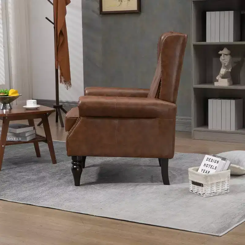 Wood Frame Armchair, Sturdy Wood Legs, Living Room Bedroom, Black PU