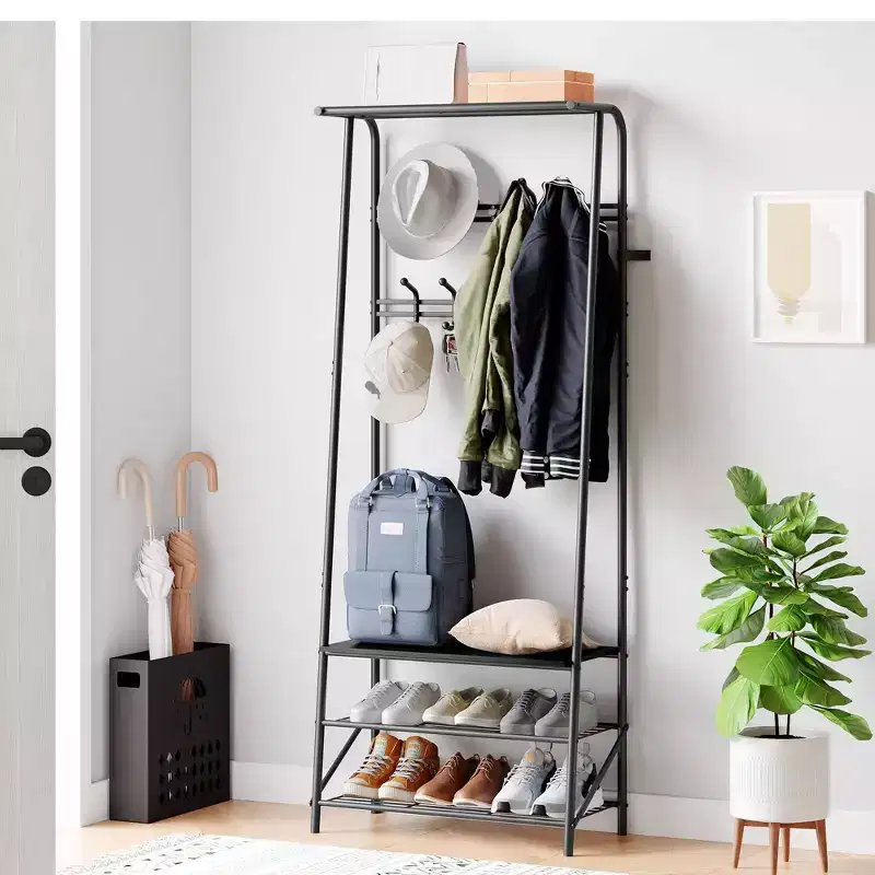 Coat Rack, 4-in-1 Hall Tree, Entryway Shoe Bench Coat Standwith Metal Frame, 3-Tier Shelf and 10 Hooks for Entryway,Hallway, Bedroom