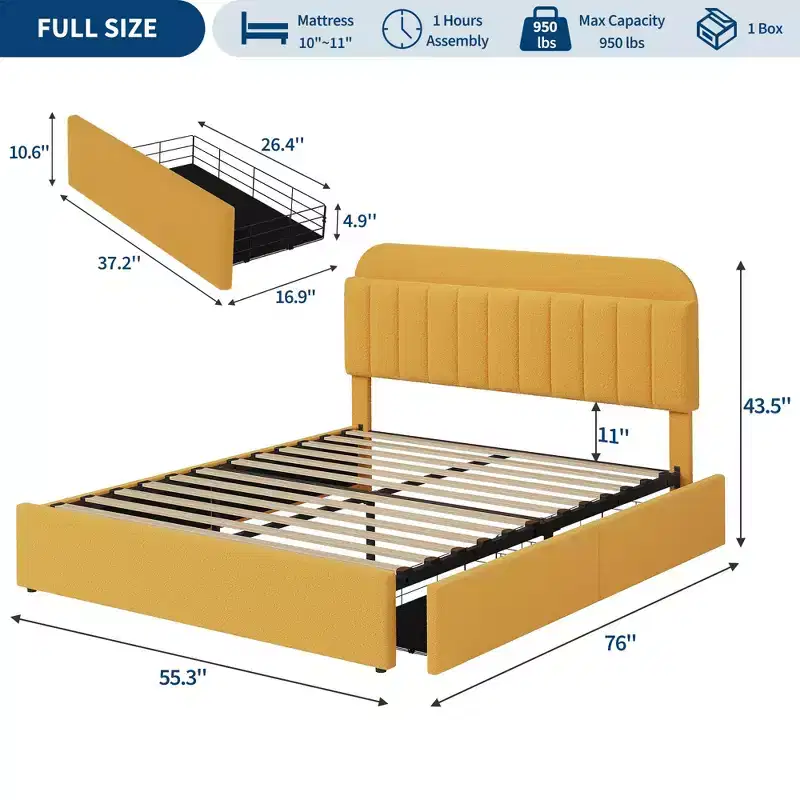 Full Size Platform Bed Frame,Kids Bed Frame with Storage Headboard, 2 Rolling Drawers, Noise Free Bedframe, No Box Spring Needed,Yellow