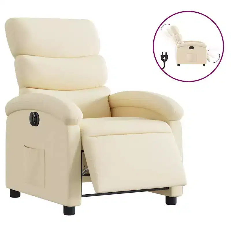 Electric Recliner Chair - Cream Fabric Adjustable Armchair with Motorized Footrest, Side Pocket & Thick Padding for Living Room, Bedroom