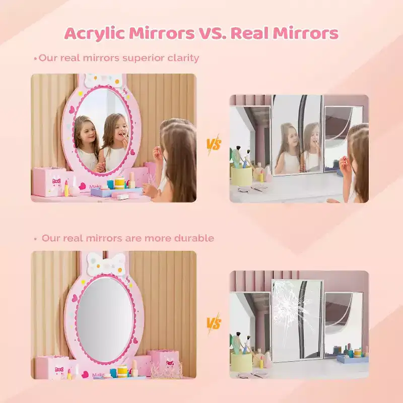 JOYMOR Kids Vanity Set with 7 pcs Makeup, 2-in-1 Table & Chair with Mirror, Drawer & Storage Box (Pink)