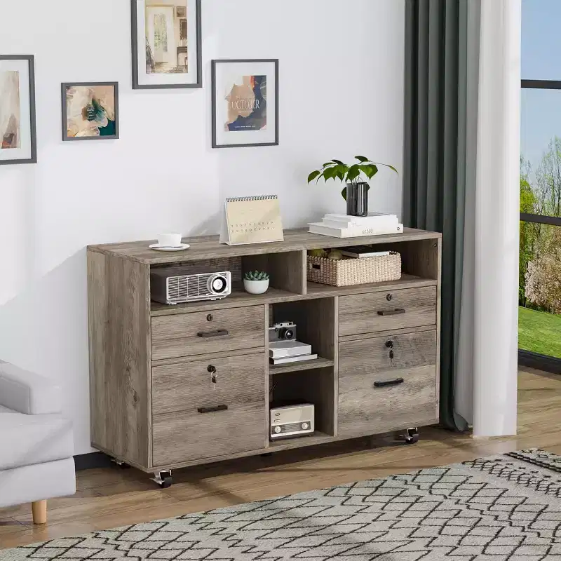 Wide 4 Drawer File Cabinet with Lock, Rustic Grey Rolling File Cabinet with Open Shelves, Lockable Printer Stand