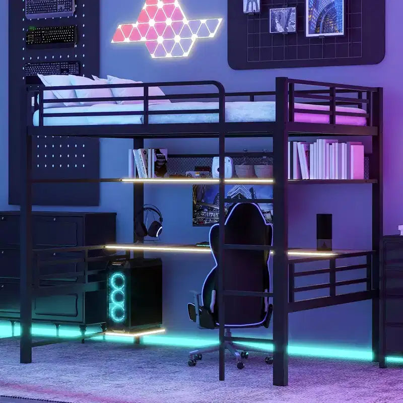 Whisen Full Size Metal Loft Bed Frame with Storage Shelf and LED Light - Black